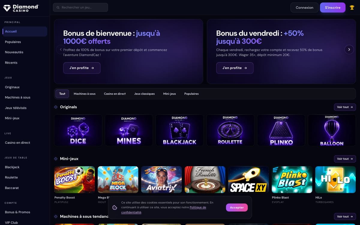 Page d'accueil du site DiamondCaz